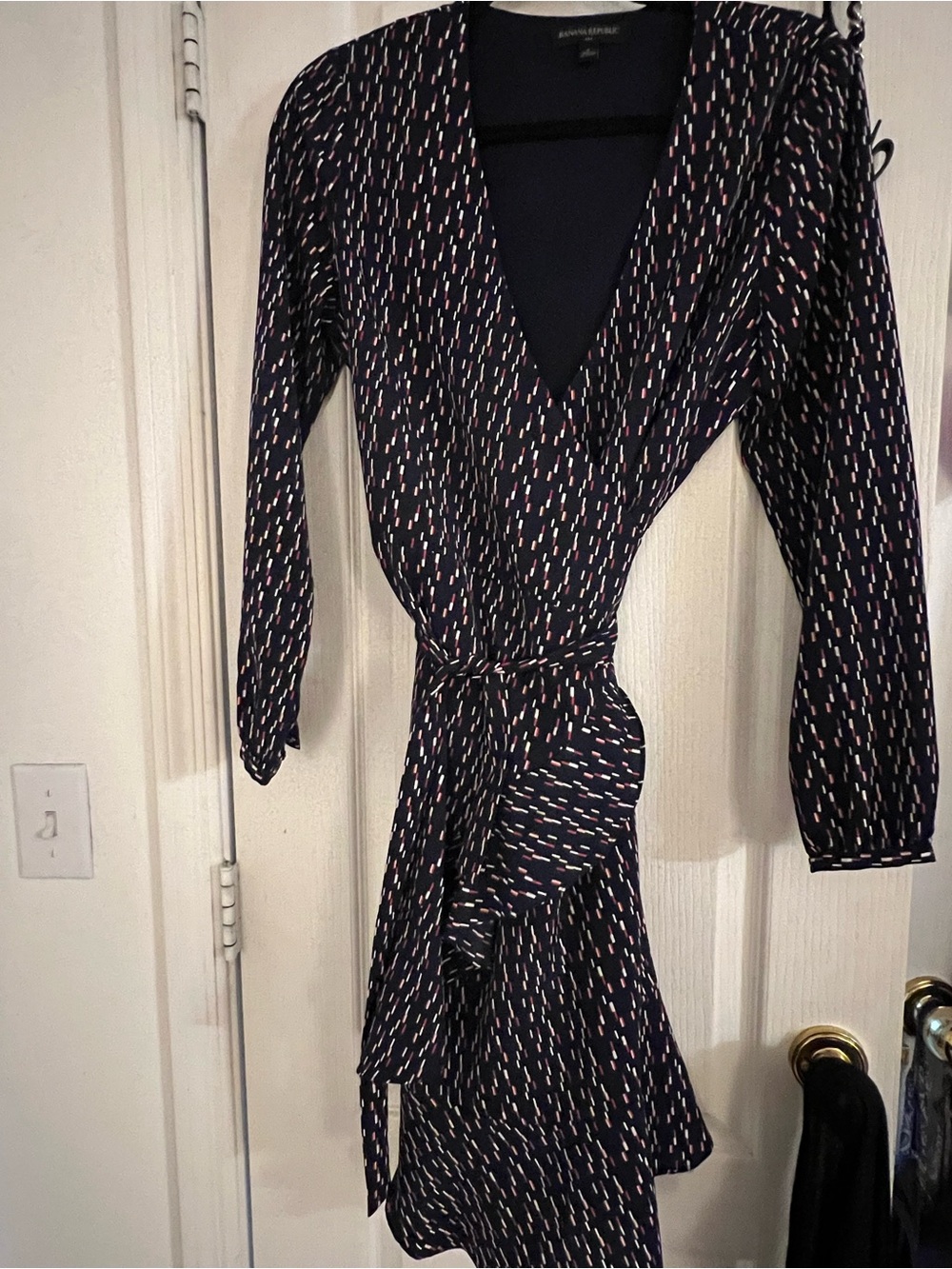 Banana Republic Navy Wrap Dress with Pink and White Dash Print